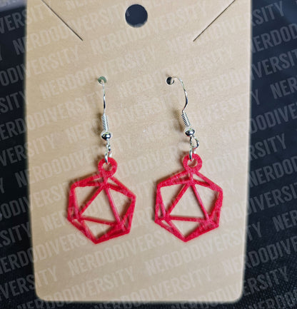 D20 Earrings, Red with Sterling Silver, Nickel-Free Hooks