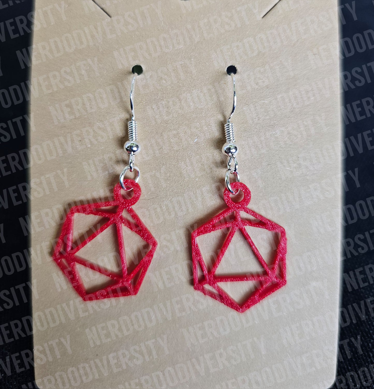 D20 Earrings, Red with Sterling Silver, Nickel-Free Hooks