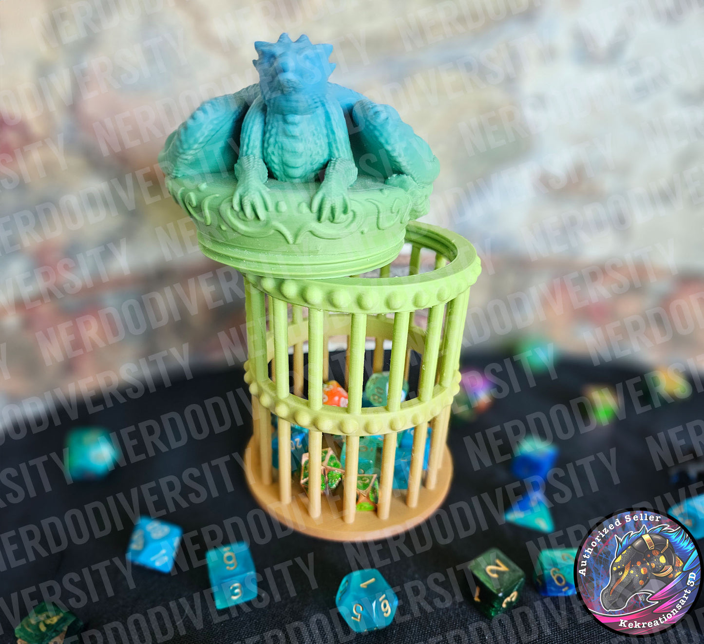 Dragon-topped Dice Prison - Rainbow (Lid Open)