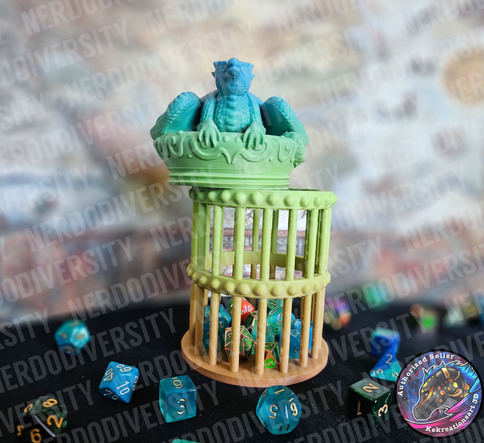 Dragon-topped Dice Prison - Rainbow (Lid Open)