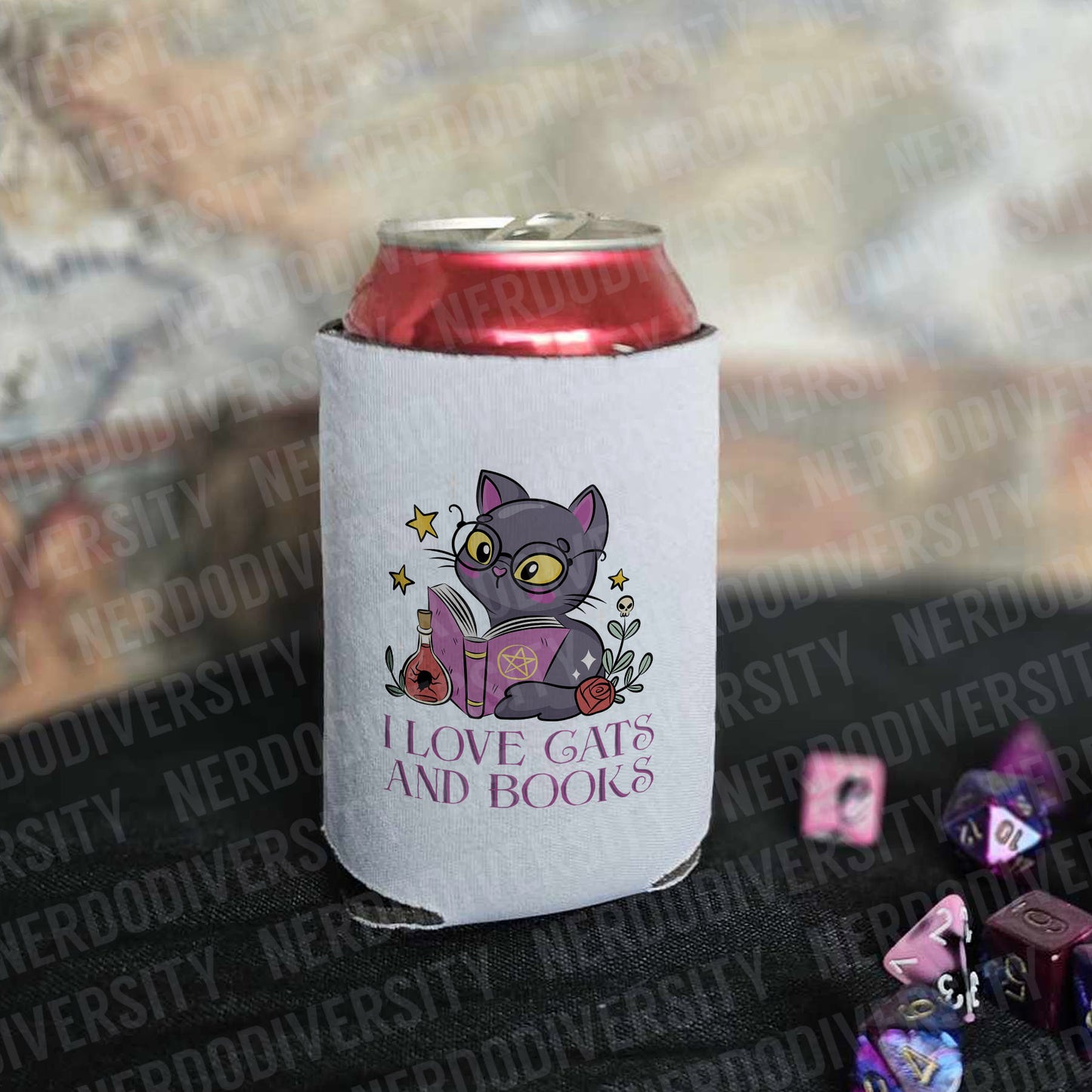 "I Love Cats & Books" Can Cooler