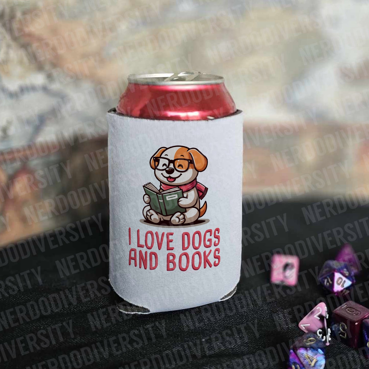 "I Love Dogs & Books" Can Cooler